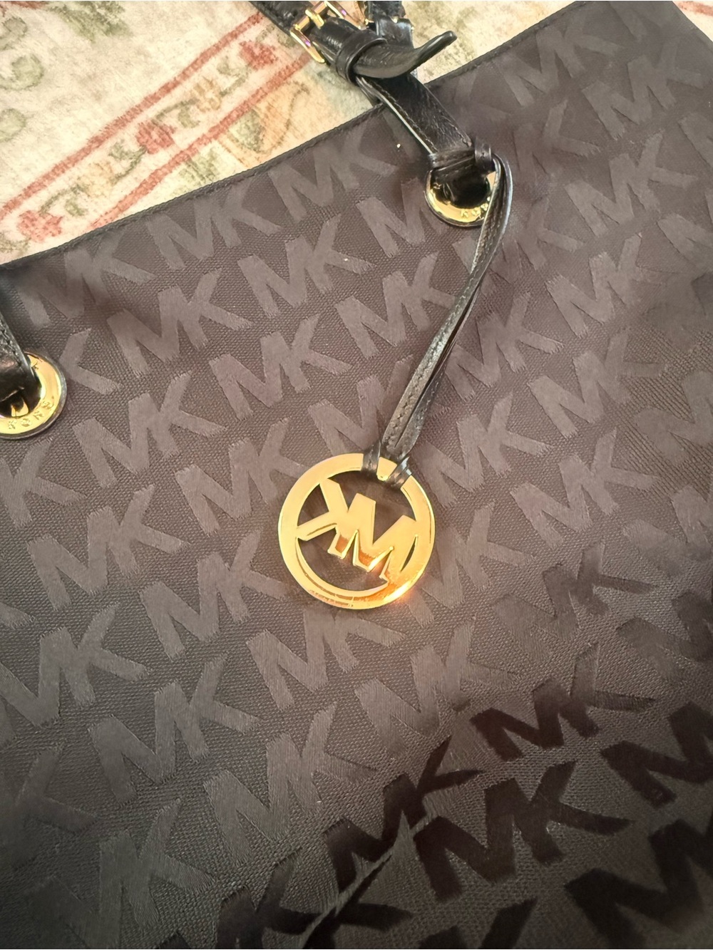 Michael Kors Black MK Monogram Tote with Gold Charm - Picture 3 of 7